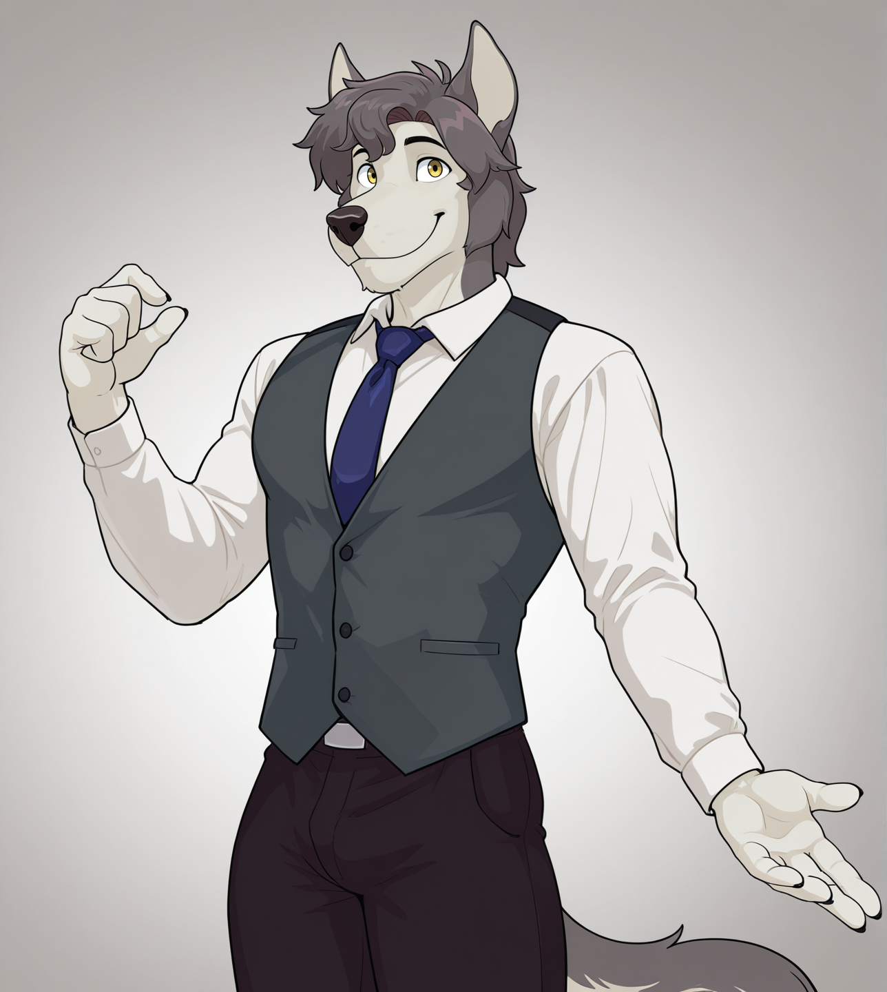 (solo), anthro, male, shirt, dark pants, vest, looking at viewer, yellow eyes, smile, extended arm, 
BREAK masterpiece, best quality, amazing quality, very aesthetic, high resolution, ultra-detailed, absurd res, newest,  <lora:Rask:1> rask