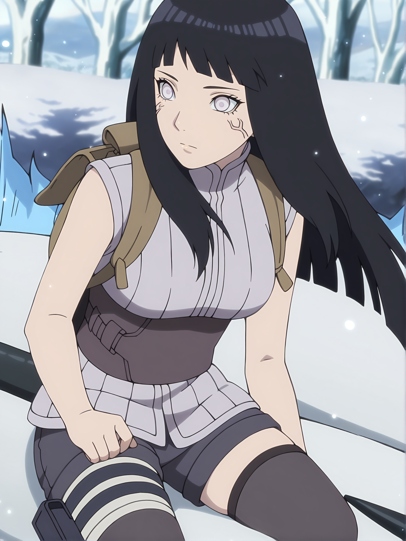 <lora:Hinata_Hyuga:0.8>,hinata, 1girl, solo, long black hair, bangs, white eyes, sleeveless gray shirt, high collar, dark gray shorts, thigh highs, bandage on left thigh, brown belt, black kunai pouch, byakugan, backpack, neutral, focused, outdoors, closed mouth, sitting on animal, leaning forward, looking ahead, full body, cropped legs, outdoors, animal, white trees, particles