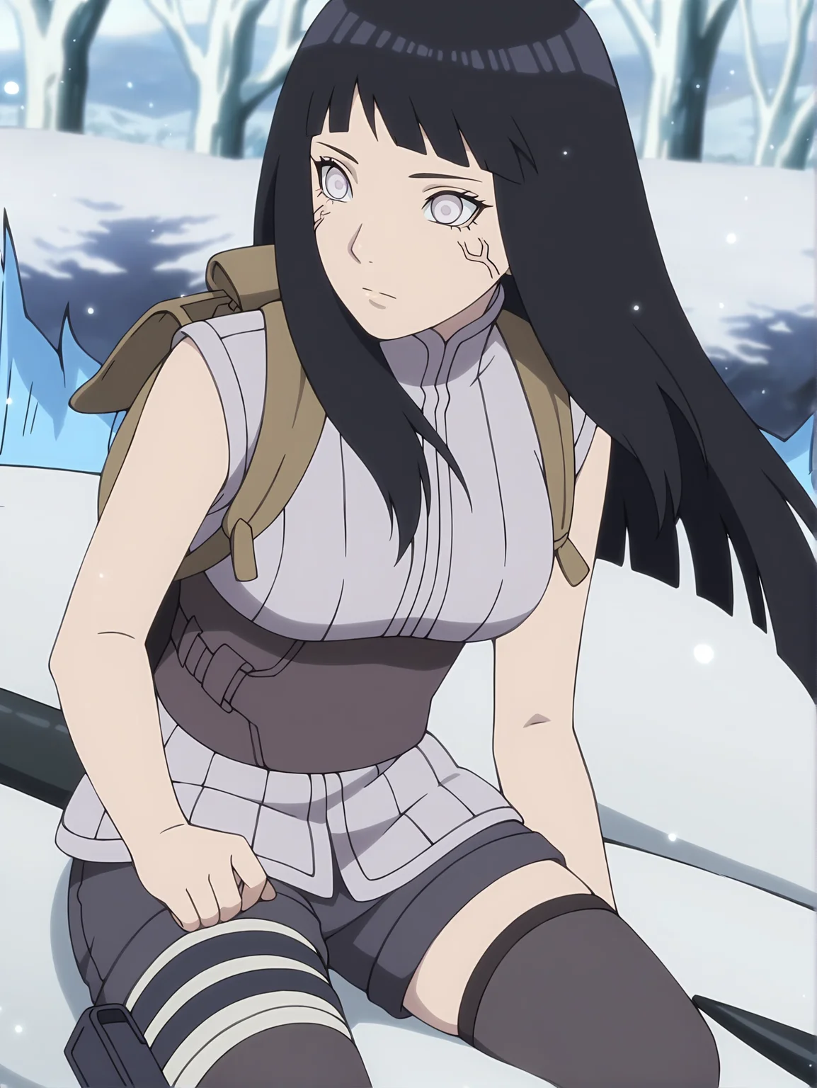 <lora:Hinata_Hyuga:0.8>,hinata, 1girl, solo, long black hair, bangs, white eyes, sleeveless gray shirt, high collar, dark gray shorts, thigh highs, bandage on left thigh, brown belt, black kunai pouch, byakugan, backpack, neutral, focused, outdoors, closed mouth, sitting on animal, leaning forward, looking ahead, full body, cropped legs, outdoors, animal, white trees, particles
