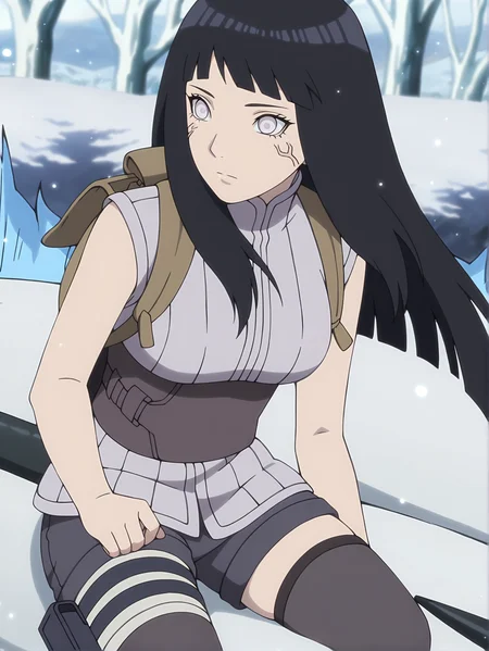 <lora:Hinata_Hyuga:0.8>,hinata, 1girl, solo, long black hair, bangs, white eyes, sleeveless gray shirt, high collar, dark gray shorts, thigh highs, bandage on left thigh, brown belt, black kunai pouch, byakugan, backpack, neutral, focused, outdoors, closed mouth, sitting on animal, leaning forward, looking ahead, full body, cropped legs, outdoors, animal, white trees, particles