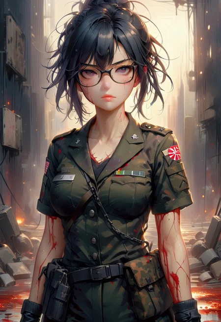 FFROA, full body, 1girl, a soldier, perfect face, black gloves, torn ss uniforms, black messy hair, glasses, scar on face, blood on uniforms,