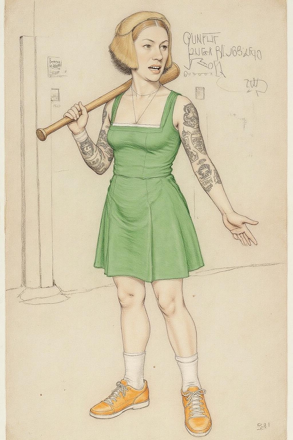 hansho1 monochromatic pencil drawing,
A scene in a 16th century Tudo era court setting, A woman threateningly holding a baseball bat in her hands, full body tattoo, wearing green dress, knee socks, orange sneakers, aggressive facial expression, wall with graffiti in the background. <lora:hansho2_nocap_d6a3e12:1.0><lora:817324571540722616:0>
