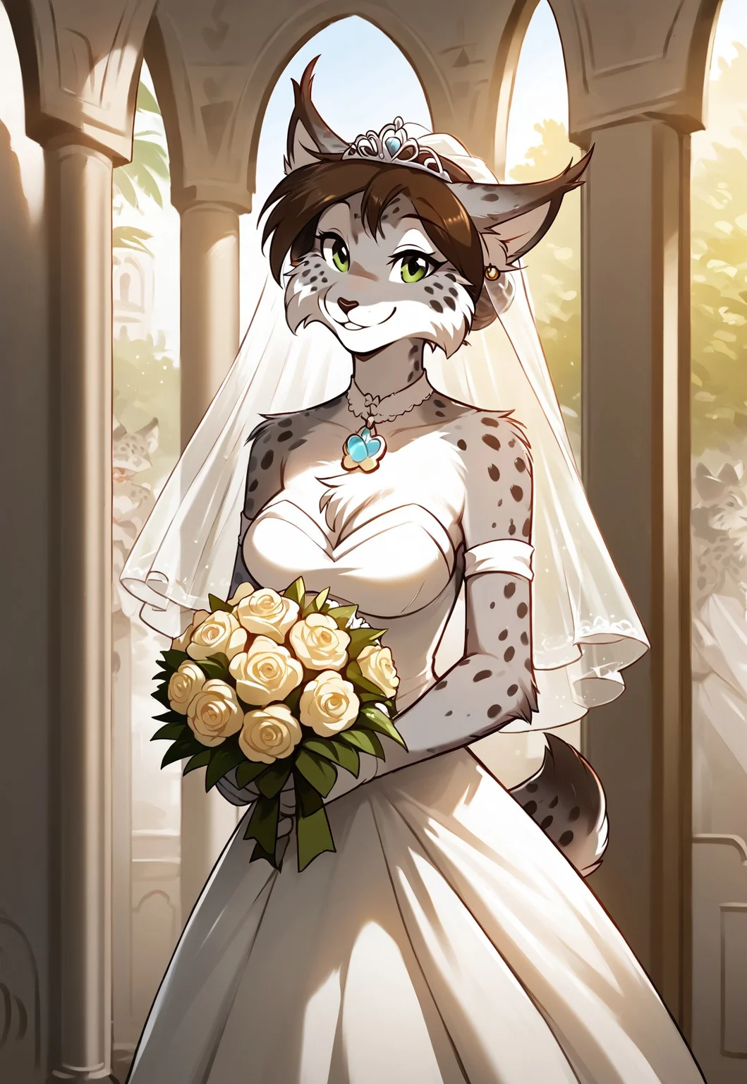 score_9, score_8_up, score_7_up, masterpiece, best quality, good quality, highly detailed, absurdres, Expressiveh, detailed background, outdoors, wedding chapel, wedding decorations, 1 girl, solo, anthro, alice-twokinds, lynx tail, wedding dress, holding bouquet, looking at the viewer, smile, happy