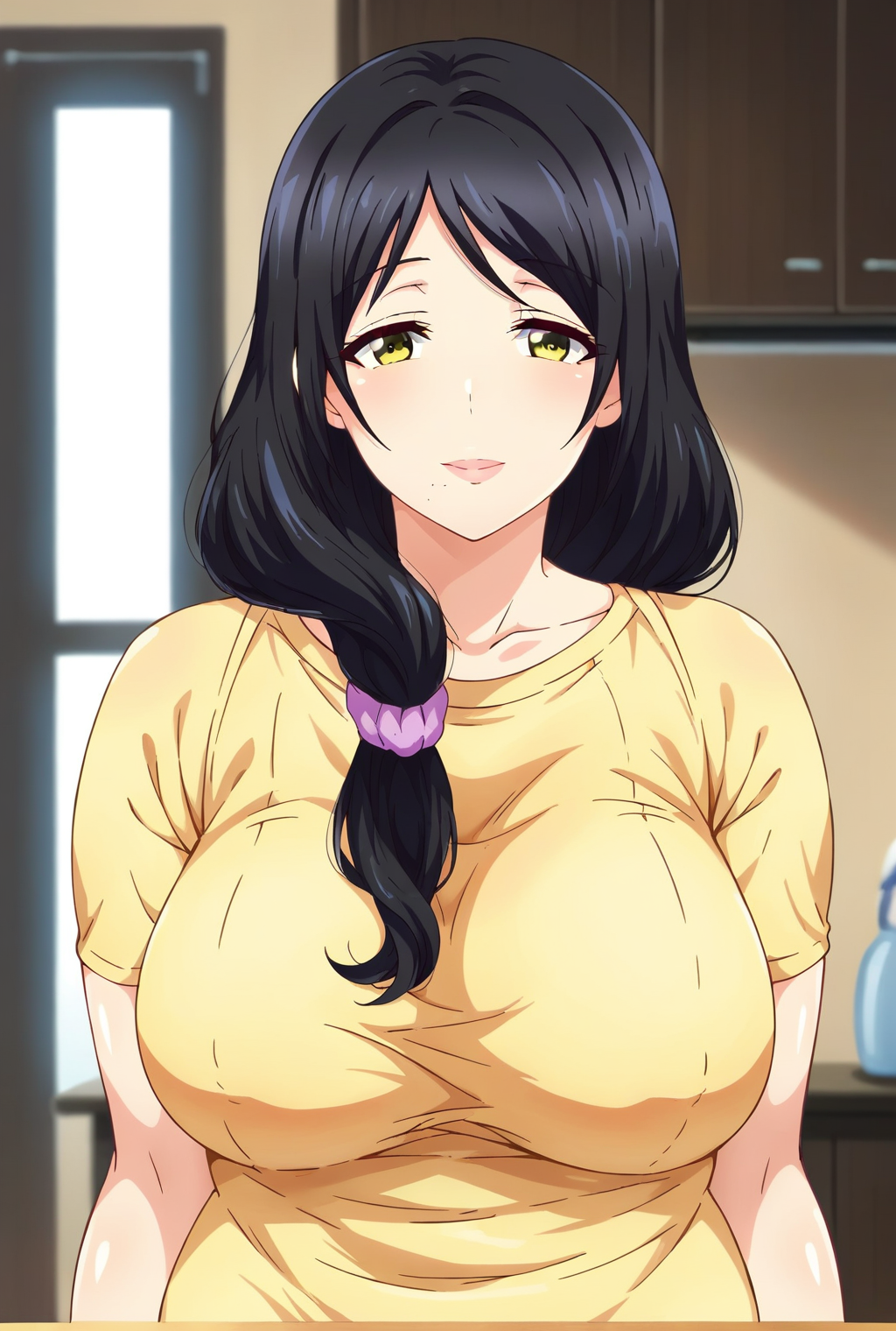 score_9, score_8_up, score_7_up,<lora:maronmaron:0.8>,maron,1girl,solo,black hair,mole under mouth,long hair,yellow eyes,mature female,breasts,white t-shirt,looking at viewer,upper body,indoors