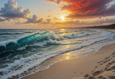 Masterpiece, 2d painting, vibrant colours, beach, sand, water, waves, day