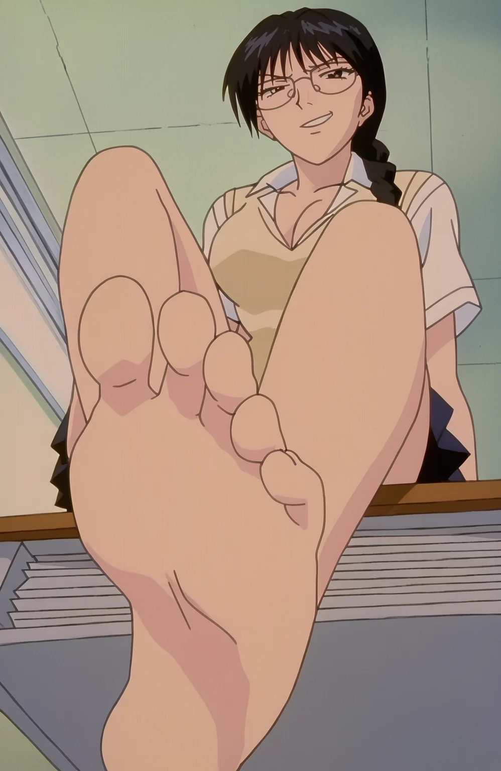 good quality, best quality, highres, masterpiece, painterly, comedy, parody,
1990s (style), anime screenshot, female focus, 1girl, school uniform, black hair, glasses, cleavage, braided ponytail, smirk, sexy, from below, foot fetish, sitting on table, 5 toes,
<lora:GTO NoobAI V-Pred:0.7>