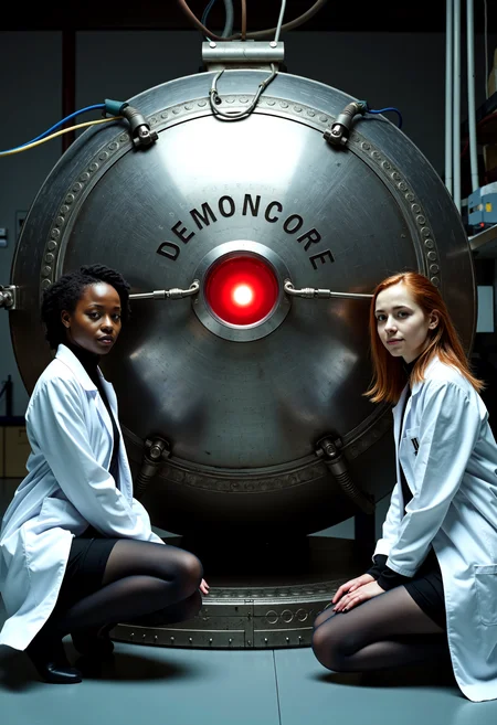 A Photograph of the demon core, metal ball with cables, a red light in the middle, science lab, cables, dark atmosphere, epic, two female scientists are in the foreground kneeling next to the demoncore, in military fond "DEMONCORE" is engraved on the demoncore. the scientists are close to the camera, looking into the camera,25 years old, wearing black pantyhose and white science coat, one is african, the other is european
