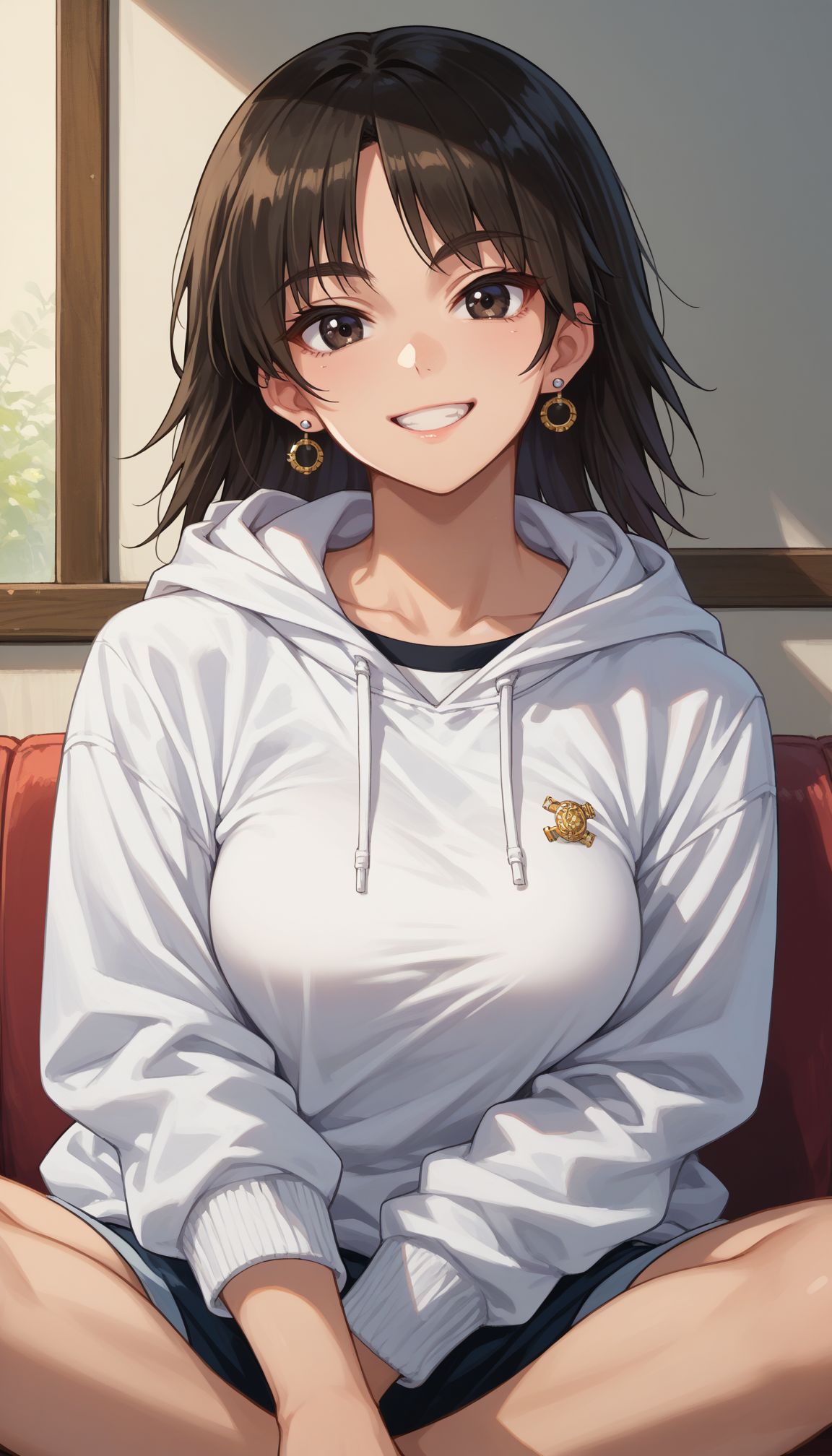 score_9, score_8_up, score_7_up, source_anime,  (((solo))), focus
 <lora:Gup Murakami:1> 1girl, long hair, black hair, black eyes, large breasts, ear piercing, earrings, eyebrows visible through hair, jacket, jewelry, looking at viewer, piercing, short hair, sitting, solo, stud earrings, white hoodie, smile,
