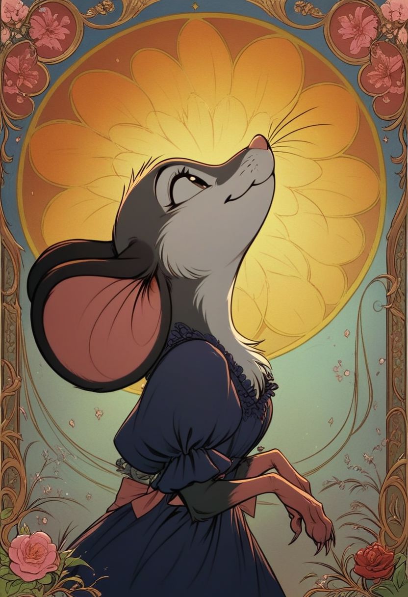 score_9, score_8_up, score_8, (solo:1.5), (fluffy:0.8), (feral:1.5), furry, (((mouse))), female, claws, (fluffy cheeks:0.5), (dress), j_cartoon, cute, (head focus, side view, portrait:1.5), (art nouveau:1.2), fca style