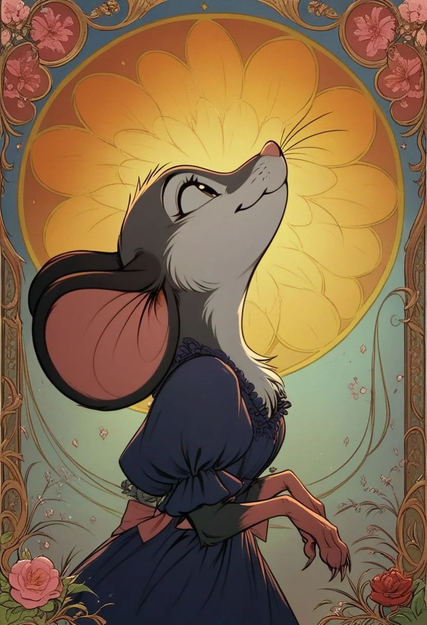 score_9, score_8_up, score_8, (solo:1.5), (fluffy:0.8), (feral:1.5), furry, (((mouse))), female, claws, (fluffy cheeks:0.5), (dress), j_cartoon, cute, (head focus, side view, portrait:1.5), (art nouveau:1.2), fca style