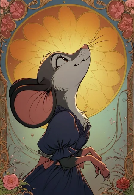 score_9, score_8_up, score_8, (solo:1.5), (fluffy:0.8), (feral:1.5), furry, (((mouse))), female, claws, (fluffy cheeks:0.5), (dress), j_cartoon, cute, (head focus, side view, portrait:1.5), (art nouveau:1.2), fca style