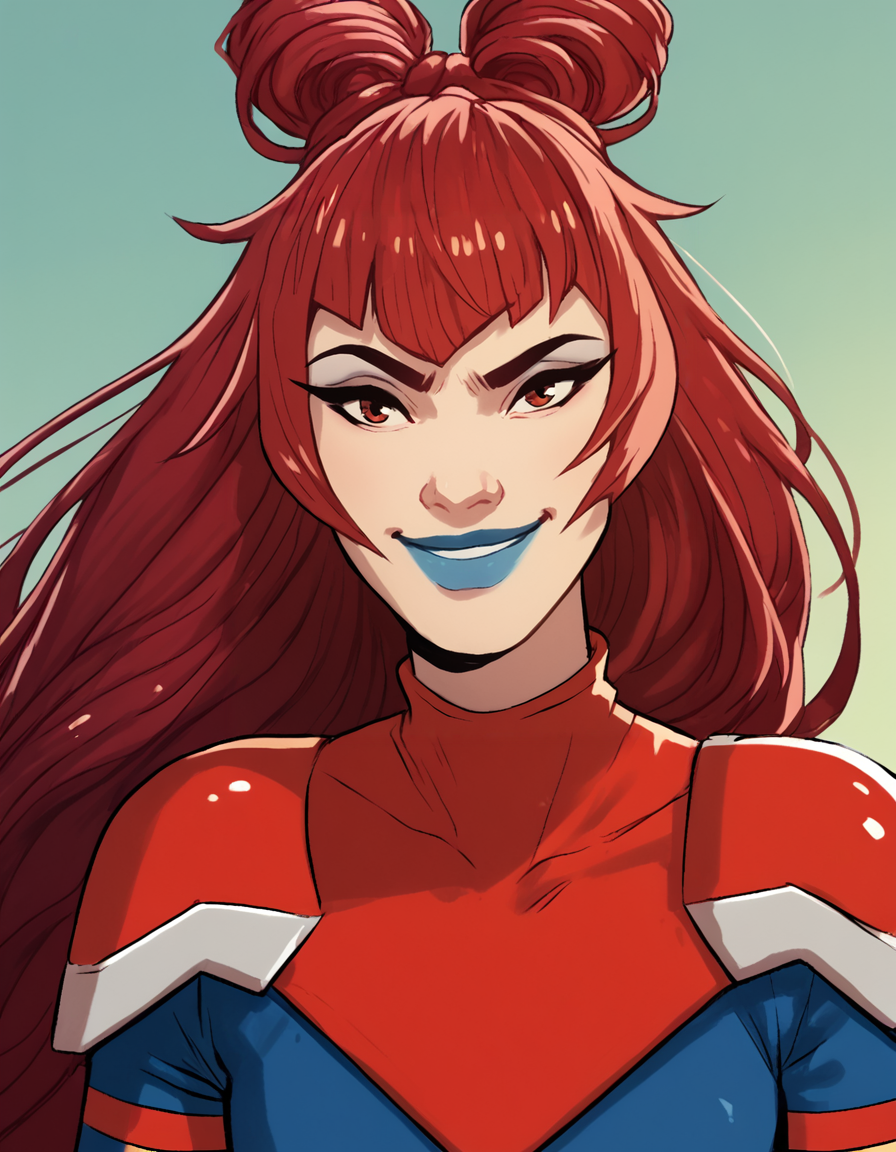 mollygau, 1girl, long hair, bangs, solo, red hair, double bun, makeup, blue lips, bodysuit,shoulder pads ,upper body,smile,looking at viewer, <lora:MollyGauPony1.0JLFO:1>, score_9, score_8_up, score_7_up, score_6_up, score_5_up, score_4_up