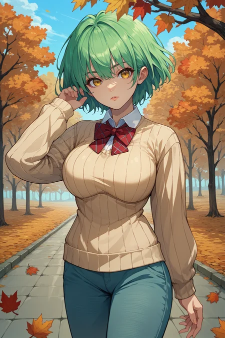score_9, score_8_up, score_7_up, score_6_up, source_anime, 1girl, solo <lora:hikage-pdxl-nvwls-v1-000005:1> skhik, green hair, short hair, yellow eyes, beige sweater, red bowtie, collared shirt, autumn, pants, blue sky, large breasts, looking at you