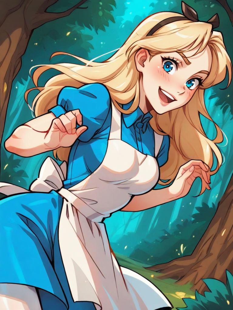 highres, hi res, best quality, masterpiece, intricate details, absurdres, 4k,
1girl, leaning forward, forest with a magic castle behind, magic particles, cute pose, medium breasts, surprised, smile, looking at viewer, cute, detailed landscape, cowboy shot,
<lora:AliceinWonderlandXLIllustrous_character:0.65>, AliceWaifu, blonde hair, blue eyes, white apron, blue dress, puffy sleeves, white pantyhose, <lora:frostbitev2_Illu_dwnsty:0.8> frostbite,