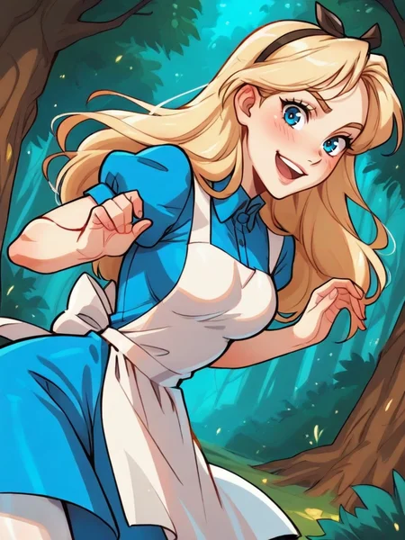 highres, hi res, best quality, masterpiece, intricate details, absurdres, 4k,
1girl, leaning forward, forest with a magic castle behind, magic particles, cute pose, medium breasts, surprised, smile, looking at viewer, cute, detailed landscape, cowboy shot,
<lora:AliceinWonderlandXLIllustrous_character:0.65>, AliceWaifu, blonde hair, blue eyes, white apron, blue dress, puffy sleeves, white pantyhose, <lora:frostbitev2_Illu_dwnsty:0.8> frostbite,