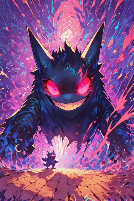 score_9, score_8_up, score_8, BREAK, , BREAK, <lora:Gengar_P1:0.8> gengar, no humans, gengar, :d, blurry, creatures (company), game freak, gen 1 pokemon, glowing, glowing eyes, kaosu (kaosu0905), nintendo, no humans, pink eyes, pokemon, pokemon (creature), smile, solo, teeth, <lora:NebulaNoir:1.0>, multicolored, glowing,, BREAK, smile, looking at viewer, cowboy shot, embedding:zPDXL, Expressiveh, <lora:SDXLFaeTastic2400:0.5>, <lora:Expressive_H-000001:0.4>, <lora:CatalystStylePDXL:0.3>,