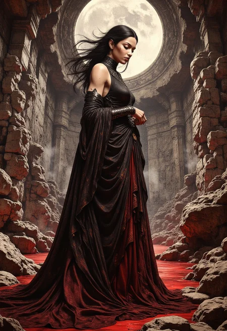 A closeup of a striking goth woman who stands at the edge of a vast underground cavern, her figure draped in tattered black velvet, flowing crimson silk, and intricately adorned dark leather. The fabric clings to her form as a fierce gust of wind sweeps through the shadowy expanse, casting chaotic, flickering shadows across the rough, weathered stone walls. Around her, ancient, crumbling statues of forgotten deities loom, their faces worn smooth by time, their forms half-hidden in a sea of dark, mist-shrouded stalactites.
The cavern is illuminated by shafts of eerie, blood-red light piercing the oppressive darkness, casting an ethereal glow on the jagged terrain and creating an interplay of shadows and highlights that evoke both awe and dread. The air is thick with mystique, and every detail of the scene suggests a place steeped in forgotten power and ancient secrets. The woman’s expression is enigmatic, her presence commanding as though she is the keeper of this lost realm.
The environment blends hyperrealism with dark romanticism, with textures rendered in painstaking detail—weathered stone, tattered fabric, and the faint sheen of damp walls all feel tangible. The scene channels the dark fantasy of Gerald Brom, the dreamlike landscapes of Moebius, and the biomechanical surrealism of H.R. Giger. It feels plucked from a high-concept art book, with intricate depth and artistry that transport the viewer to a world both haunting and beautiful.