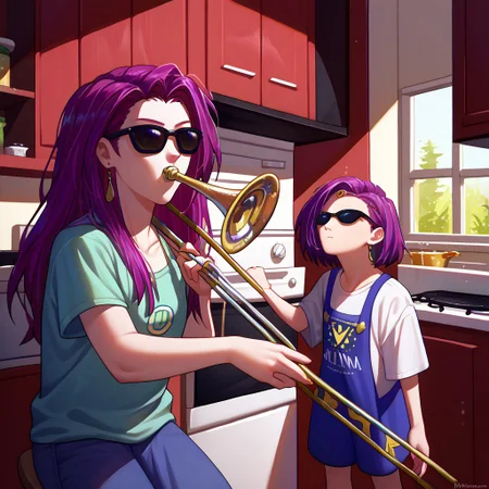 score_9, score_8_up, score_7_up, oven, WhenMamaIsntHomeMeme, playing instrument, music, sunglasses, indoors, trumpet, kitchen, <lora:WhenMamaIsntHome_pdxl_Incrs_v1:1>,Brunnya, Sonya, 2girls,purple hair