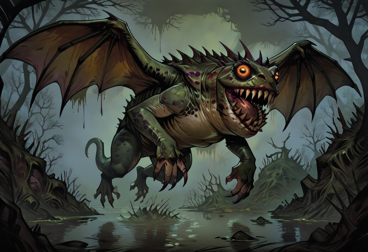 masterpiece, best quality, newest, absurdres, highres,  
TTCSV1.0, cherry-gig, 
Droad-V1.0, dragon, toad, frog, monster, no humans, animal focus, teeth, sharp teeth, claws, roar, open mouth, sharp claws, horror (theme), dark fantasy, swamp, wings, flying, solo, solo focus,