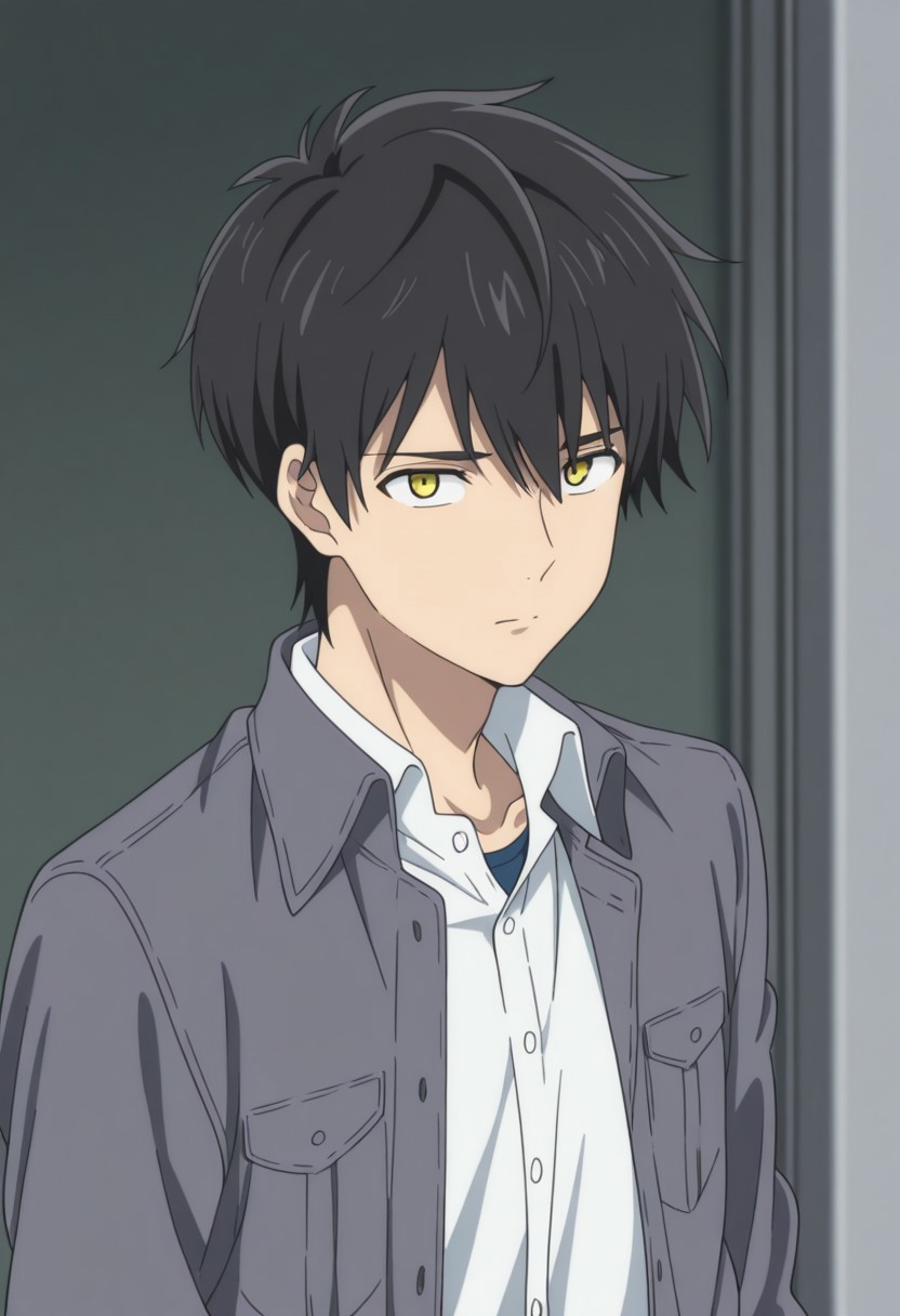 masterpiece,best quality,amazing quality, source_anime, 
KurouSakuragawa, 1boy, male focus, solo, yellow eyes, black hair, shirt, white shirt, collared shirt, jacket, grey jacket, open jacket,