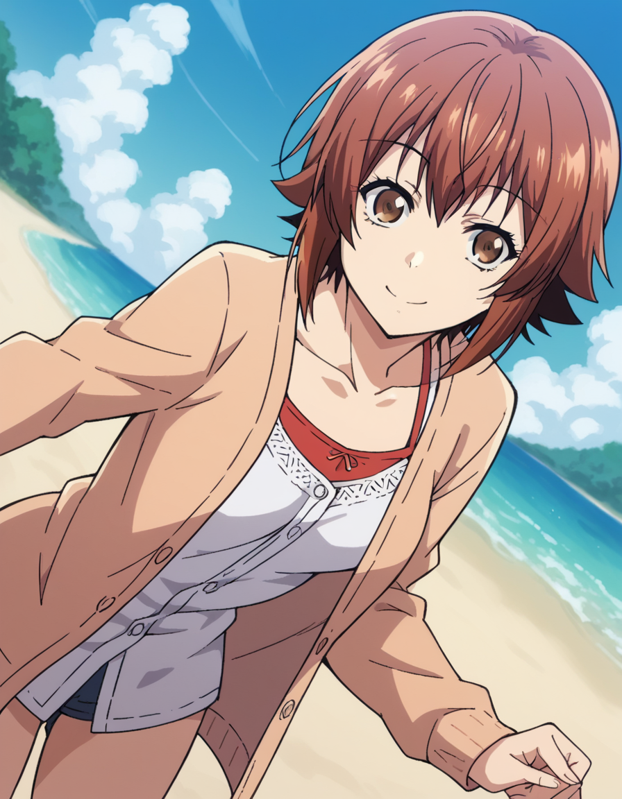 score_9, score_8_up, score_7_up, source_anime,
chisakotegawa,  <lora:chisa-kotegawa-s1-ponyxl-lora-nochekaiser:1>,
chisa kotegawa, short hair, bangs, brown hair, brown eyes,
shirt, long sleeves, collarbone, white shirt, open clothes, cardigan, open cardigan,
outdoors, beach, bent over, smile,
looking at viewer, dutch angle, cowboy shot, solo,