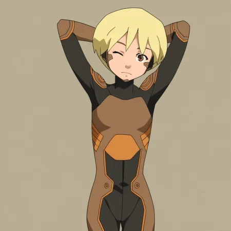 score_9, solo, terra_yj, blonde hair, short hair, bodysuit, brown eyes, simple background, hands behind head, one eye closed, v, cute