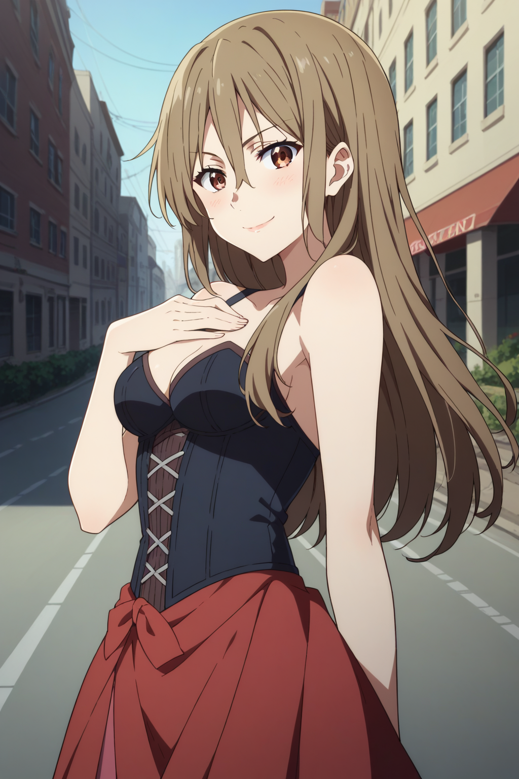 score_9, score_8_up, score_7_up, source_anime, 1girl, prefect lighting, very aesthetic, intricate details, highly detailed background, masterpiece, high quality, prefect hands, best quality, solo,
<lora:Shizuku_Ninomiya_Beyond_The_Boundary_V1:.85>, KJOshizuku, brown hair, brown eyes, hair between eye, long hair,
red skirt, black belt, corset, bare shoulders,
from side, seductive smile, smirk, standing, blush, looking at viewer, head tilt, hand on chest,
daytime, street, sunny, building,
(Beautiful, medium Breasts:1.2), natural breasts,