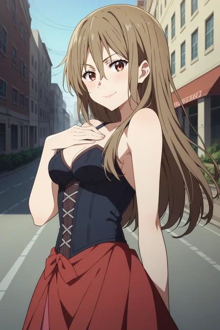 score_9, score_8_up, score_7_up, source_anime, 1girl, prefect lighting, very aesthetic, intricate details, highly detailed background, masterpiece, high quality, prefect hands, best quality, solo,
<lora:Shizuku_Ninomiya_Beyond_The_Boundary_V1:.85>, KJOshizuku, brown hair, brown eyes, hair between eye, long hair,
red skirt, black belt, corset, bare shoulders,
from side, seductive smile, smirk, standing, blush, looking at viewer, head tilt, hand on chest,
daytime, street, sunny, building,
(Beautiful, medium Breasts:1.2), natural breasts,