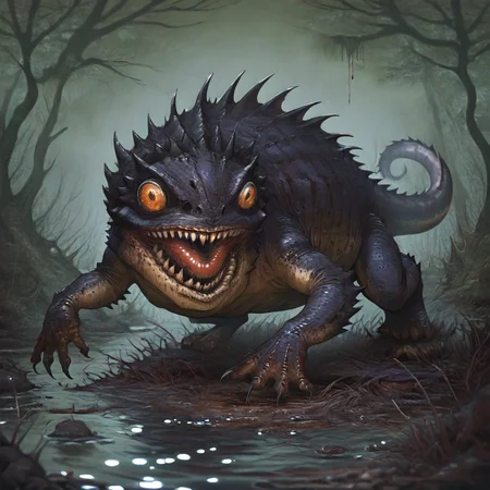 masterpiece, best quality, newest, absurdres, highres, vintage anime, 90s anime, Droad-V1.0, dragon, toad, frog, monster, no humans, animal focus, teeth, sharp teeth, claws, roar, open mouth, sharp claws, horror (theme), dark fantasy, swamp