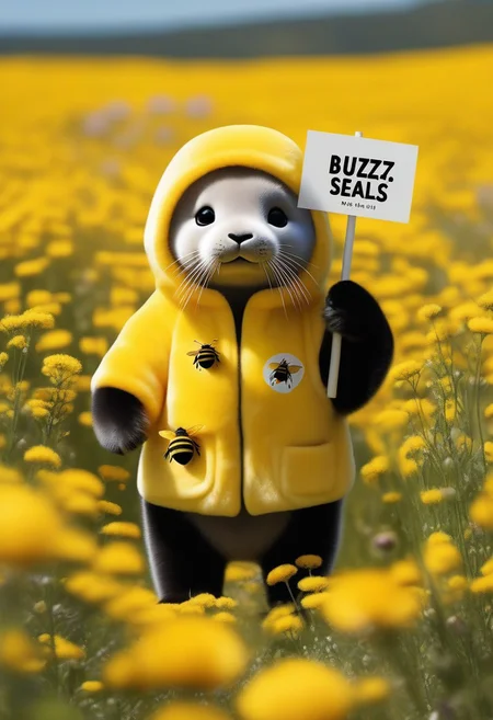 full body view, Realistic photograph of a cute baby seal wearing a fuzzy-bumblebee costume with wings, covered in honey, in a field of flowers, (holding sign with text:"buzz 4 seals":1.4 ), (holding sign that reads "buzz 4 seals" ), charming character illustrations, cute comic, <lora:text2:1.25> ,