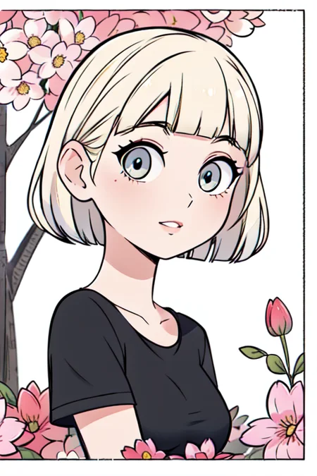 pretty 1girl, absurdres, 8k uhd, platinum blonde hair, bob cut, medium breasts, black tshirt, denim shorts, garden background, flowers, magnolias, apple tree, close up portrait <lora:Style_Of_DDGHH_00_00_04:0.8><lora:animeoutlineV4_16:0.7>