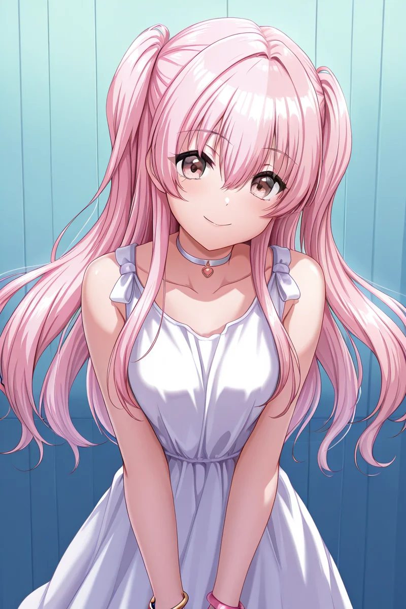 masterpiece, best quality, amazing quality,
<lora:KokoaV2_IL:1> kokoa, 1girl, solo, long hair, dress, smile, two side up, white dress, bracelet, jewelry, choker, sleeveless, collarbone, bangs, looking at viewer, sleeveless dress, hair between eyes, pink hair
