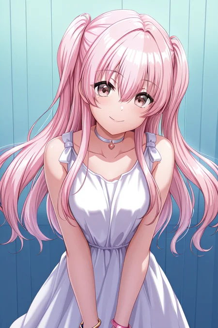 masterpiece, best quality, amazing quality,
<lora:KokoaV2_IL:1> kokoa, 1girl, solo, long hair, dress, smile, two side up, white dress, bracelet, jewelry, choker, sleeveless, collarbone, bangs, looking at viewer, sleeveless dress, hair between eyes, pink hair