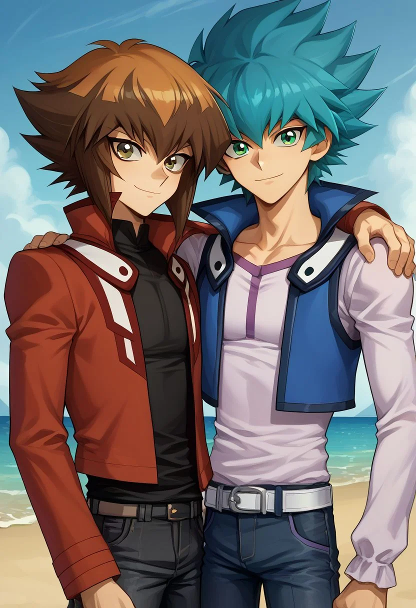 score_9, score_8_up, source_anime, highly detailed, 2boys, skinny
jesse, 1boy, male focus, green eyes, duel academy uniform (yu-gi-oh! gx), upper body, spiked hair, looking at viewer, aqua hair, collarbone, hair between eyes, BREAK
jaden, 1boy, male focus, brown hair, brown eyes, duel academy uniform (yu-gi-oh! gx), jacket, black shirt, red jacket, shirt, pants, multicolored hair, two-tone hair, open clothes, skinny,
outdoor, side by side, hand on other's shoulder, posing for a photo, smile, closed mouth,