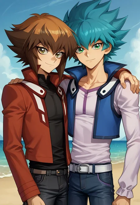 score_9, score_8_up, source_anime, highly detailed, 2boys, skinny
jesse, 1boy, male focus, green eyes, duel academy uniform (yu-gi-oh! gx), upper body, spiked hair, looking at viewer, aqua hair, collarbone, hair between eyes, BREAK
jaden, 1boy, male focus, brown hair, brown eyes, duel academy uniform (yu-gi-oh! gx), jacket, black shirt, red jacket, shirt, pants, multicolored hair, two-tone hair, open clothes, skinny,
outdoor, side by side, hand on other's shoulder, posing for a photo, smile, closed mouth,