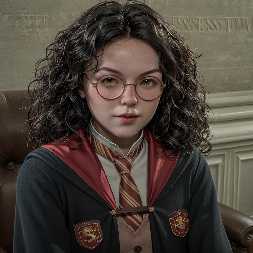 score_9, masterpiece, best quality, realistic, break, cressida_hl, round eyewear, long hair, black hair, curly hair, freckles, hogwarts school uniform, sititng, chair, looking at viewer