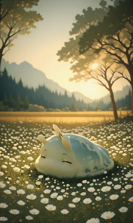 whimsical CGI image of a slimy slug anthropomorphic creature with closed eyes found a stick adorned colorful sitting in a sunlit forest, serene photograph of a lush meadow filled with white wildflowers bathed in soft golden sunlight. The background features blurred trees and distant hills creating a tranquil dreamy atmosphere.. <lora:- iLL -PdJ_highres_counterweight_V1.0-step00004500:.8>, <lora:Illustrious:0.4>,