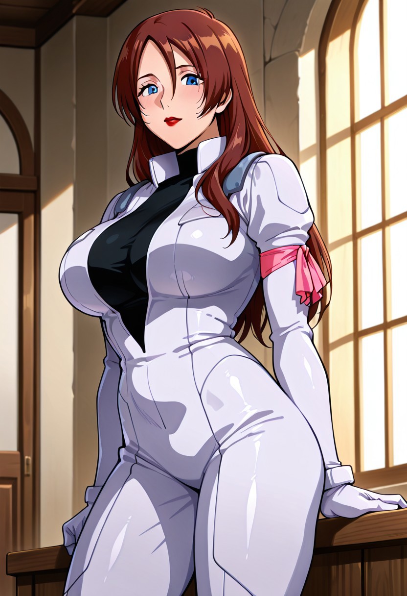 masterpiece, best quality,((masterpiece, absurdres)), best quality, amazing quality, newest, 4k, anime coloring, very aesthetic, ray tracing, Smooth Quality, CG,maheria 1 mature female , brown hair, long hair, blue eyes, red lips, pilotsuit, turtleneck t-shirt, arm ribbon,gloves