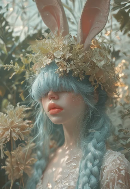 (Score_9:1.1), score_8_up, score_7_up,
(limited lighting, high contrast, laser beams, highres, closed_mouth:1.4, absurdres)
Fl0ralD0lls
solo, bunny ears, human woman, curious, (ferns:1.3), realistic, focus on face, hime cut, pacific blue hair, ((hair over eyes)),((hair in very long braid)), big lips, full lips, glossy lips, matte skin, matte colours