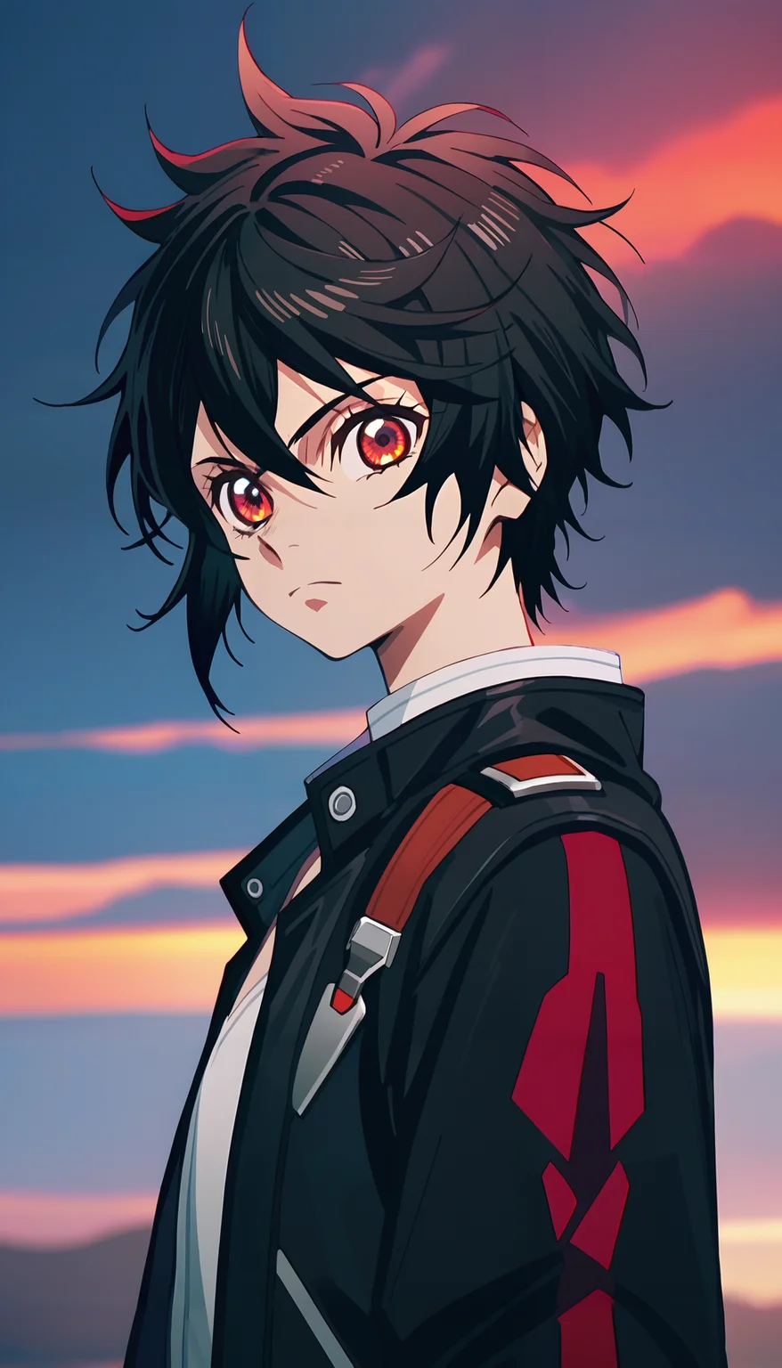 (score_9,score_8_up,score_7_up),
anime screencap, by ufotable,
tales of (series), tales of berseria,
solo, solo focus,
<lora:ufotable_lora_pony:1>
BREAK
1boy, cyberpunk,
black hair, red eyes, short hair, messy hair,
night, from side, looking at viewer, upper body,
black jacket, open jacket, white shirt, expressionless,