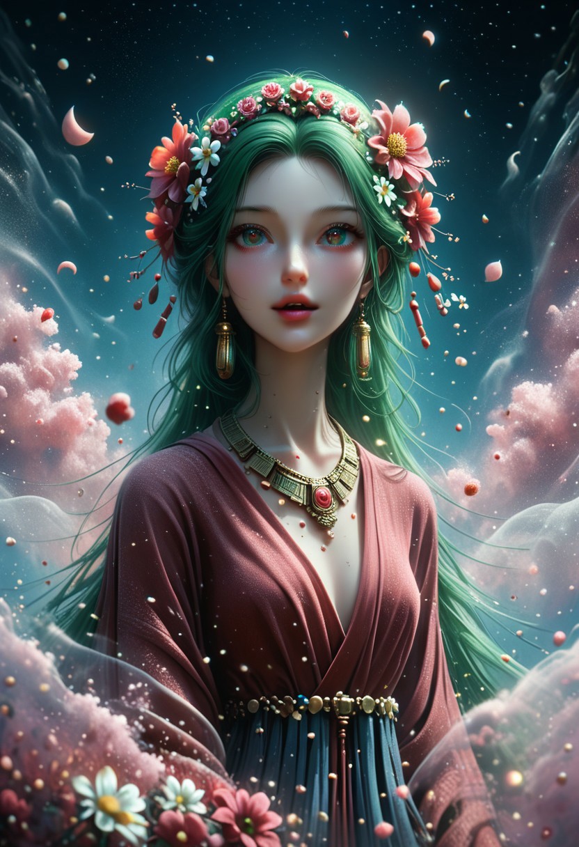 score_9, score_8_up, score_8_up,  female, hight quality, best art, detailed , good quality, rendered details. Adorable.  Hight resolution. perfect.  Slim figure, estetic, Erotic Girl,  long hairs, flower on head, ((ancient jewellery)), ((tatooed left part face)), ((diferent eyes: left eye blind and right eye is luminous red)), ((singing)), ((She Cast black magic spheres)), ((mgic shadow form round girl)), ((Ghosts figures fly over)), (( flower field)) ((Black Space air style, Giant  light green moon and behind  red planet, bring stars shine))
