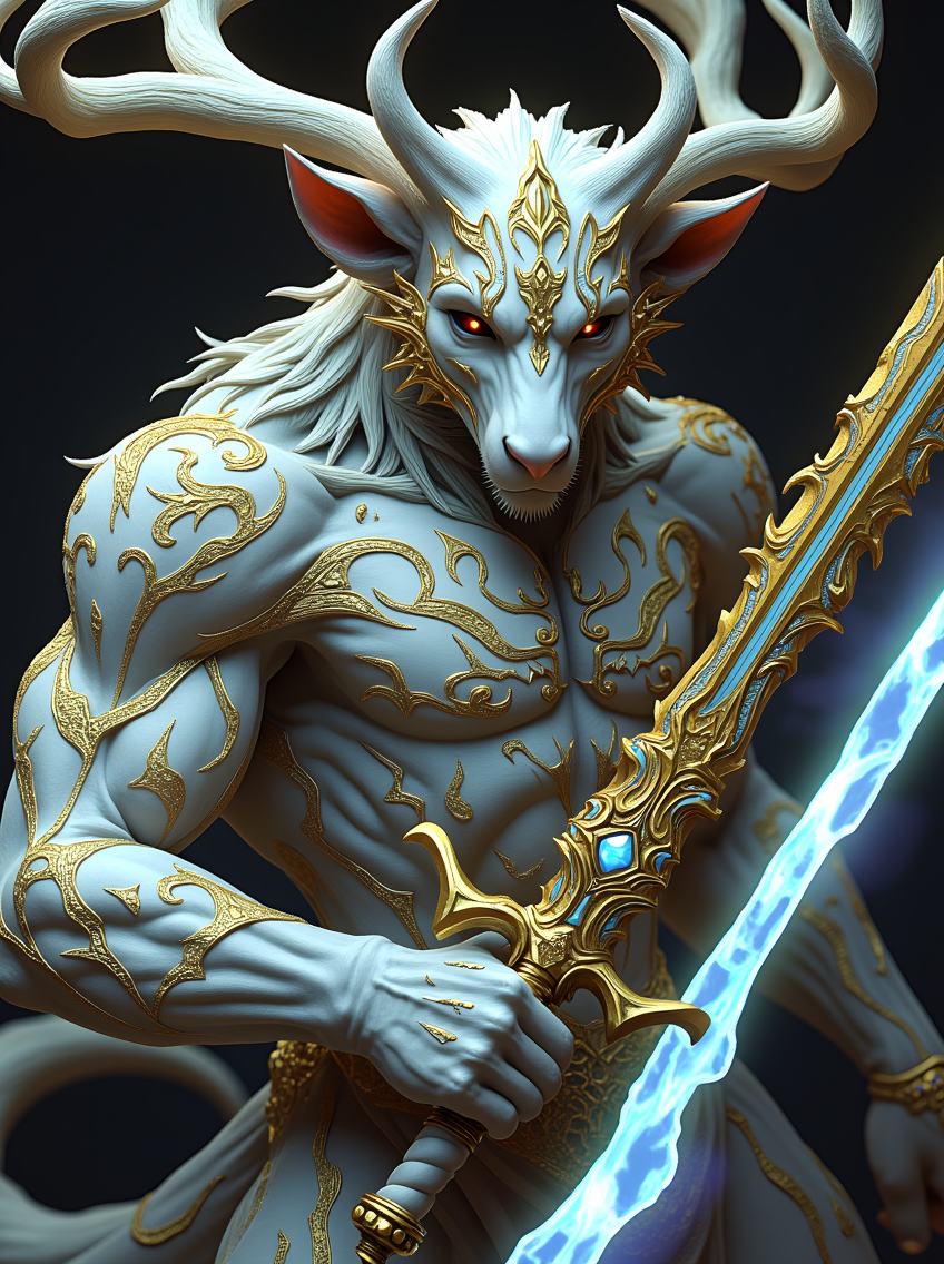 Newfantasycore. This is a highly detailed, digital artwork featuring a fantastical, hybrid creature that appears to be a cross between a deer and a mythical warrior, with a stylized, ornate design. The creature's head and neck are adorned with intricate, swirling patterns and decorations that resemble a fusion of organic and mechanical elements, giving it a regal and battle-hardened appearance. Its fur is a pale, almost ethereal white, covered in intricate, glowing gold and blue designs that resemble a mix of flowers, leaves, and mechanical components, further emphasizing its mystical aura. In its powerful front limbs, it wields two massive swords, each forged in a unique style blending jagged, organic shapes with sharp, metallic precision. The blades themselves glow faintly with the same gold and blue hues as its fur, pulsating with an otherworldly energy, as if they are an extension of the creature’s own being.