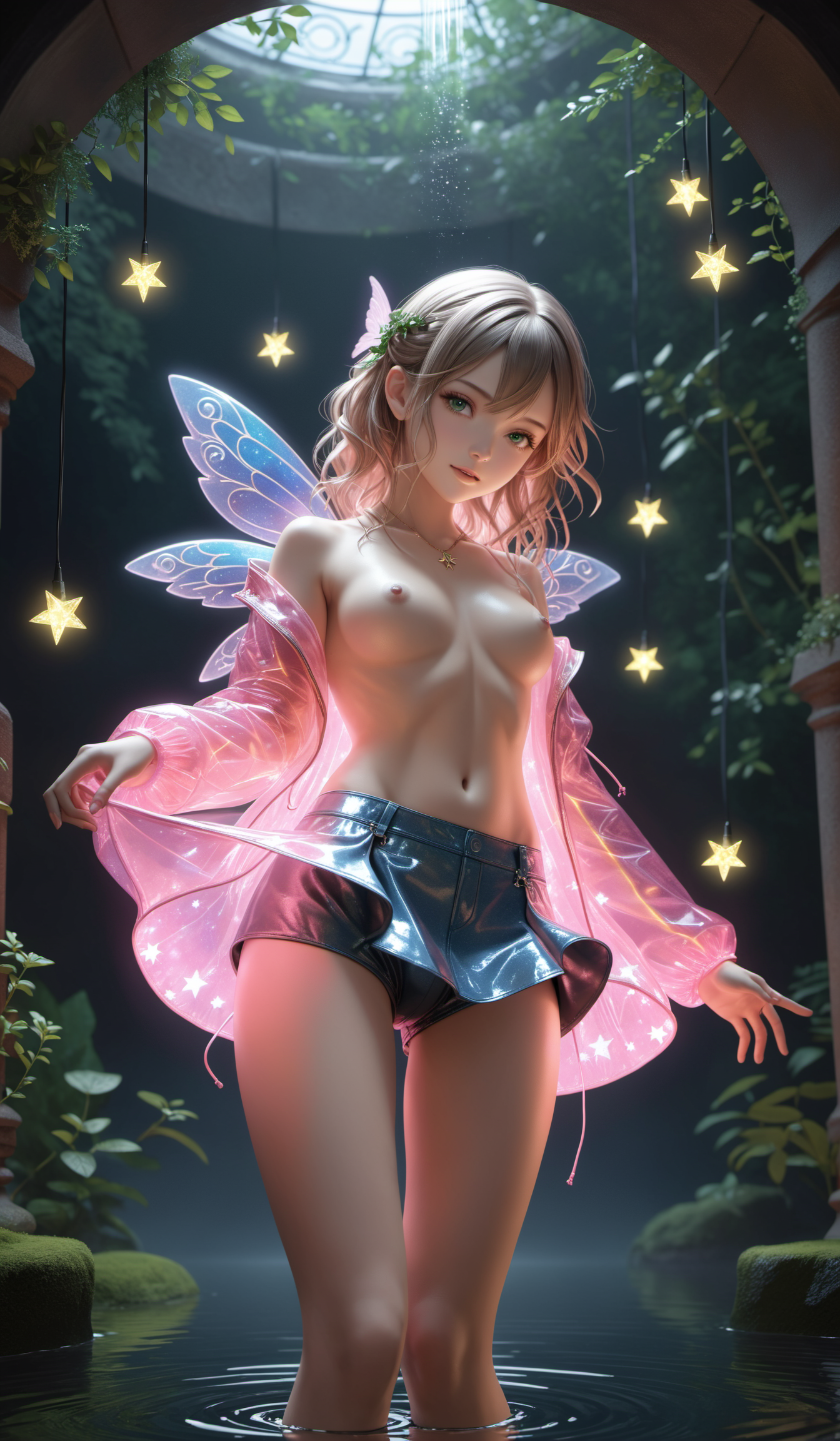(Best quality,masterpiece,absurdres,ultra realistic:1.4),(Rococo:1.4),(close portrait:1.3),peerlessly beautiful idolmaster ,beautiful detailed eyes,(see-through_clothing),shine,glowing,sparkling,energy coalescing and vibrating,(dynamic angle,dynamic pose),whole_body,lie_down,shy ,sad,disdainful ,Around,sex,nsfw, topless, nude,
wearing Pink button-down shirt, blue jeans,(((miniskirt))),
(ar-embedded carbon-fiber    unpigmented    neon hologram texture carbon-weave adventure shorts,  augmented leather bomber, cyber-diamond armor shoes,  ),(reflective slightly included (si1) peridot, modified brilliant cut, step cut facets, 6.00 carat, playful,    dazzling, bronze, sturdy, sturdiness, modification, trellis setting, vintage, rare, glamorous, vintage, celestial symbols),( enchanted forest sinter,subterranean gallery,fireplace,serene tranquility),(destructive aperture),(enchanted rose tower, Diorite stone,thatch roofing roof,insulated concrete forms,metal roofing sheets, Lanterns with Real Flames,Fireflies, string lights (fairy lights)),
(Around floating water:1.4)the most beautiful form of chaos,
(stars:1.4),(herbs:1.4),