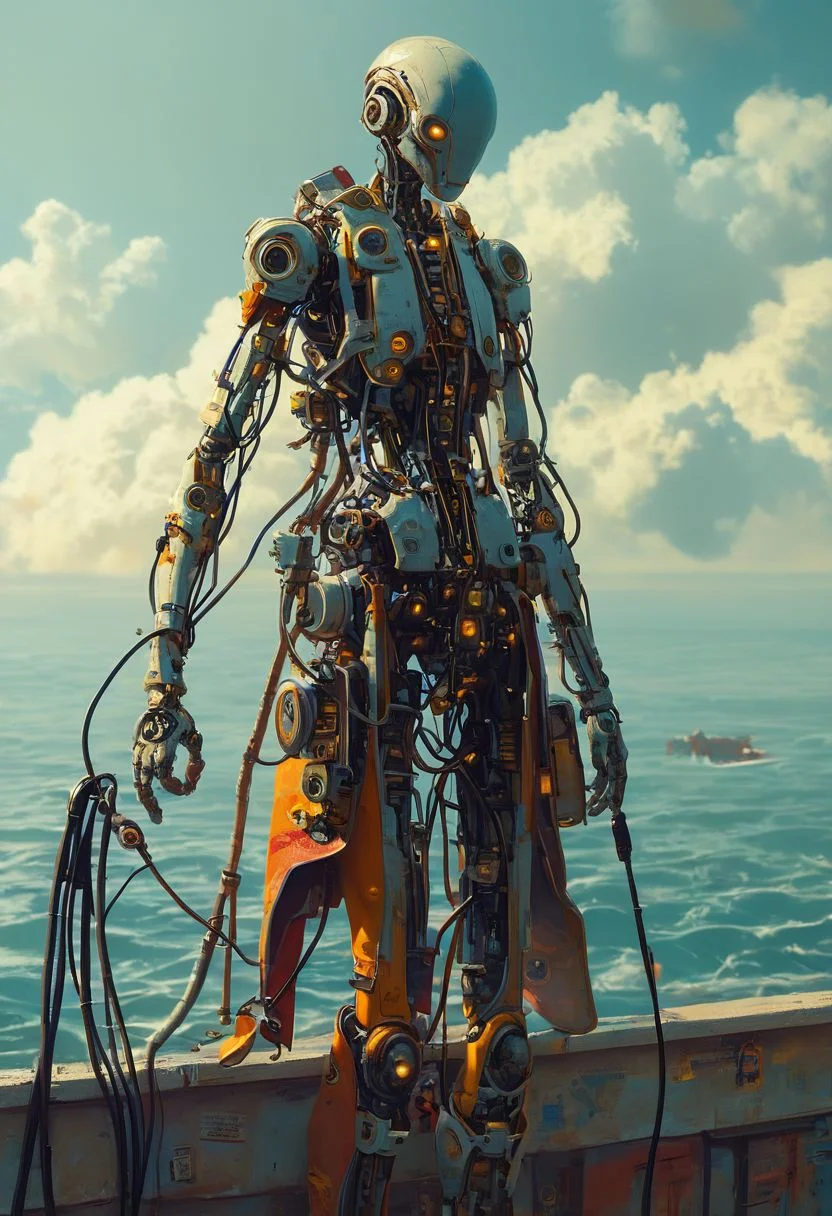 score_9, score_8_up, score_7_up, ((first person perspective)), landscape photo, tron, heaven, ascendance, god rays, light, gold, sky, advntr, underwater, alien, colorful, ((zdzislaw beksinski)),translucent,transparent,reelmech, mechanical parts, cable, wires, machinery, joints, body suit