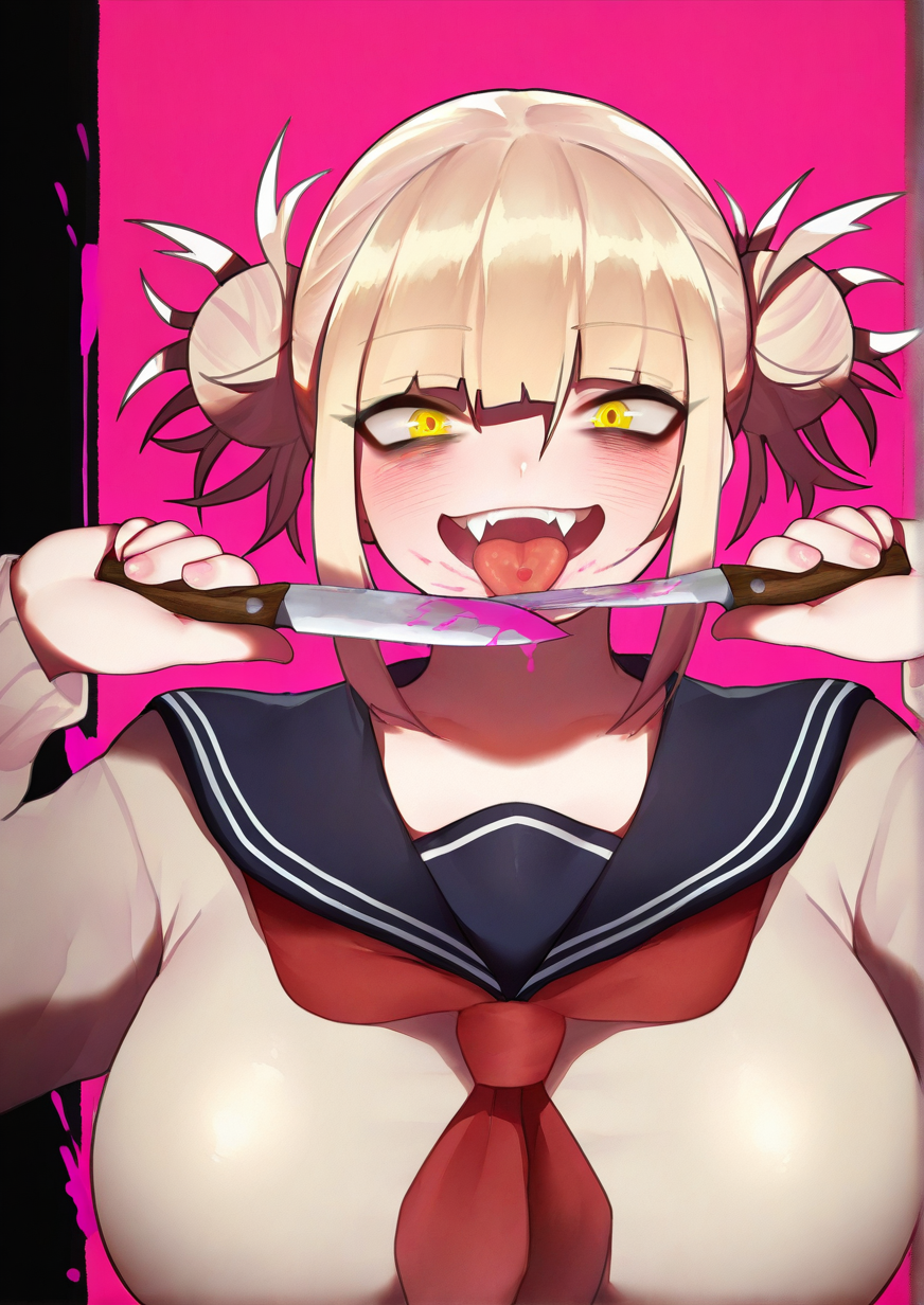 <lora:summer1:1.2>,1girl, toga himiko, huge breasts, :d, black sailor collar, blonde hair, blood, double bun, fang, hair between eyes, hair bun, hands up, holding, holding knife, knife, long sleeves, looking at viewer, neckerchief, pink blood, portrait, red neckerchief, sailor collar, school uniform, short hair, smile, solo, teeth, tongue, tongue out, upper teeth only, yellow eyes, 
very awa, masterpiece, best quality, highres, absurdes,amazing quality