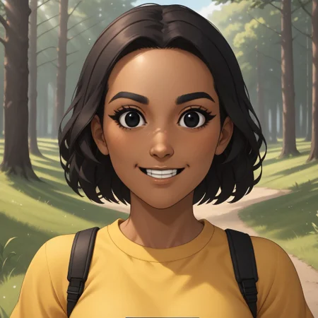 score_9, score_8, BREAK, solo, wii, mii, wii sports, 1girl, female mii, black hair, dark skin, black eyes, dot eyes, black eyebrows, small nose, blush, buck tooth, yellow clothing, white pants, shoes, cute, nintendo mii, modern_mii, classic_mii, breasts, faustine_(\wii_sports_club\), sexy pose, smile, outdoors, sunlight, shadows, evening lighting, natural lighting, forest, trees, grass, orange sky, sunset