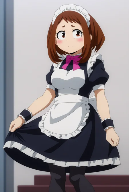 Ochaco_Uraraka, solo, Maid Apron Dress <lora:My_Hero_Academia-Ochaco_Uraraka-PDXL:0.8>