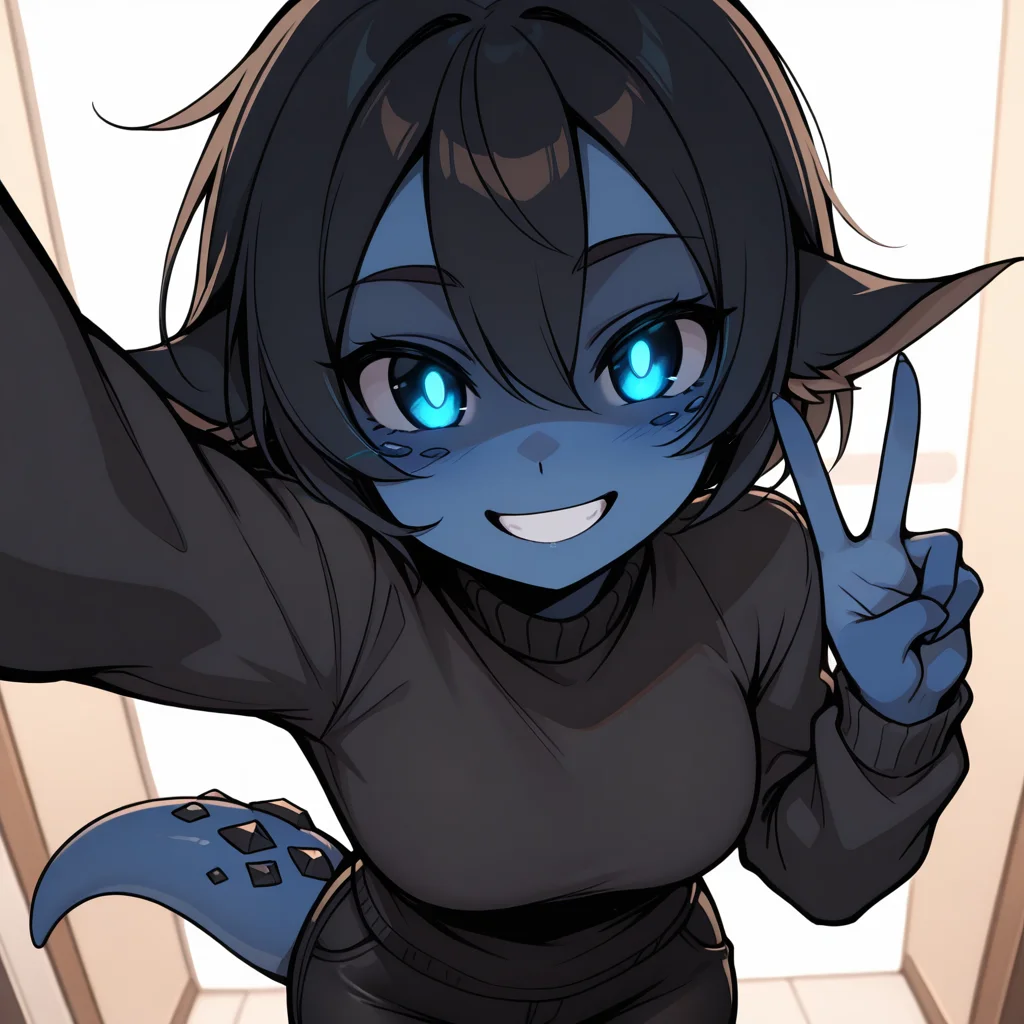 masterpiece, best quality,1girl,solo,Smolder, blue skin, colored skin, glowing eyes, dark hair,short hair, tail, black sweater,black_ornaments, black_pants, looking at viewer, <lora:Char-Smolder-Illustrious:.8>upper body, from above, very happy, v, grin, arm_up,cowboy shot, selfie,