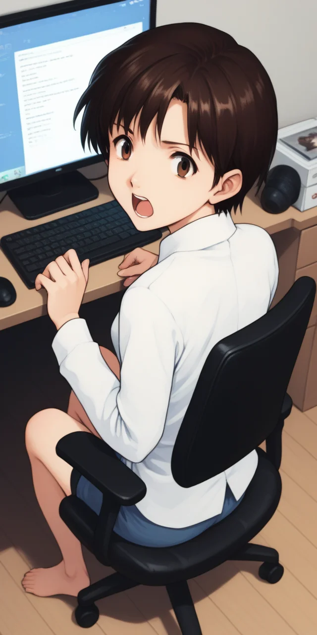 score_9, score_8_up, score_7_up, source_anime, 
1girl, solo, at computer room, indoor, dark place,
from above, sitting, looking back, gaming chair,
<lora:ibukimaya_01XLP:1>, ibukimaya, very short hair, brown hair, brown eyes,
serious, screaming, surprising, open mouth,