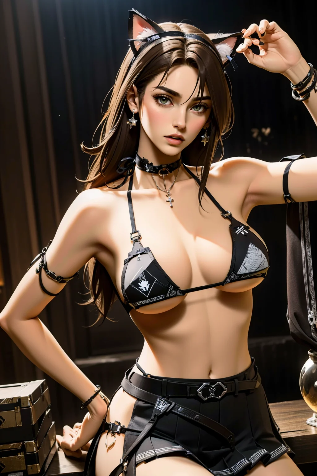 masterpiece, best quality, high quality,  <lora:detail_slider_v4:2> <lora:age_slider_v2:3>  <lora:techk1ttyblack:0.9> ttechk1tty, bikini,black bikini, black theme, plastic, lingerie, tech wear, choker, bra, garterbelt, belt, collar, black bikini, half skirt, pleated half skirt, animal ears, cat ears,